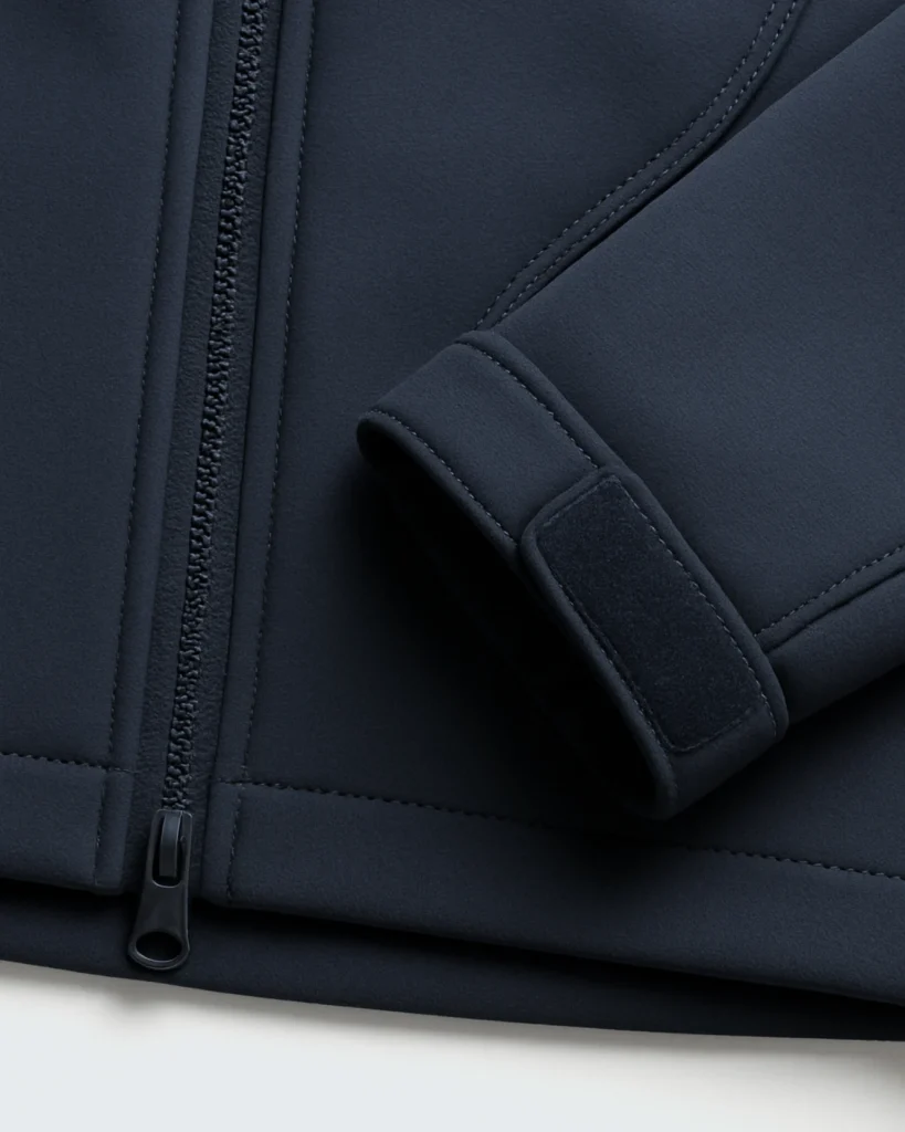 close up of navy softshell jacket zipper cuff and stitching. white background top down angle sharp focus on fabric texture and construction