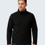 flat lay of a light gray softshell jacket on a clean white background. sleeves extended zippers visible minimal shadows top down view high clarity no logo 768x960