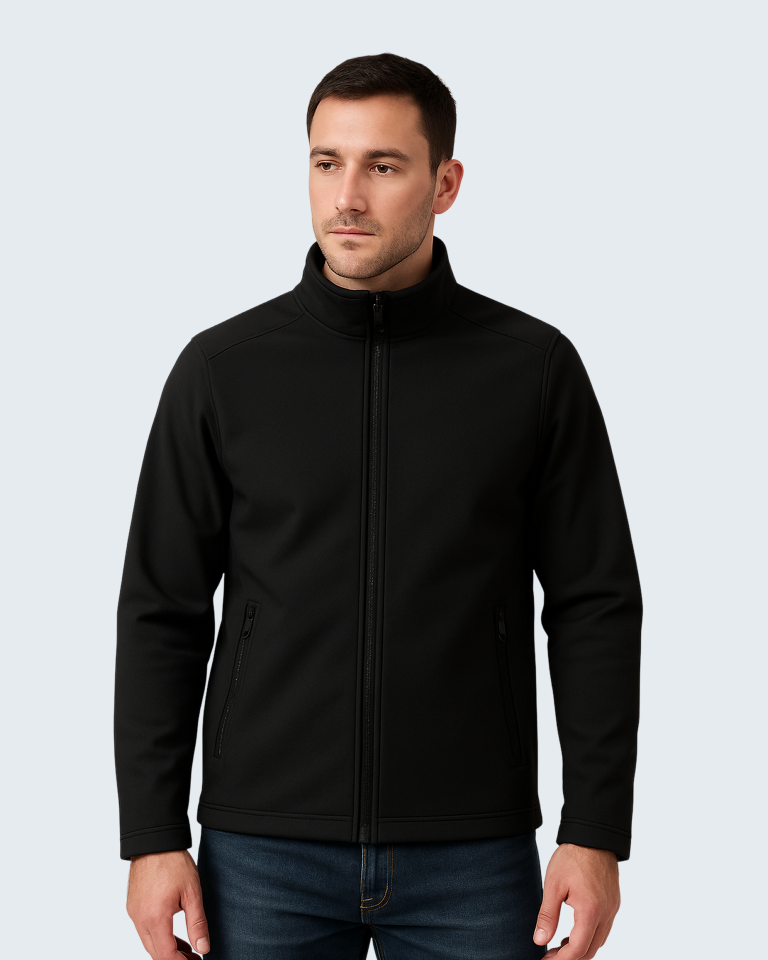 flat lay of a light gray softshell jacket on a clean white background. sleeves extended zippers visible minimal shadows top down view high clarity no logo 768x960