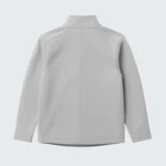 flat lay of a light gray softshell jacket on a clean white background. sleeves extended zippers visible minimal shadows top down view high clarity no logo. 3 768x960