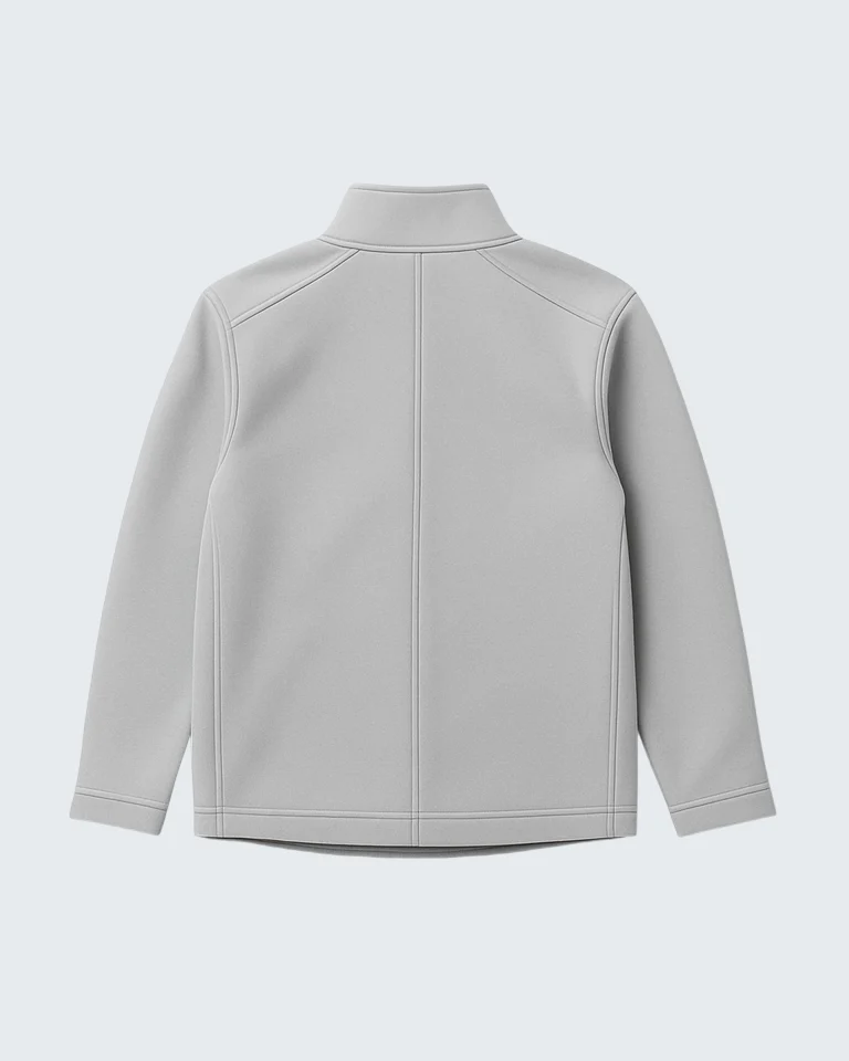 flat lay of a light gray softshell jacket on a clean white background. sleeves extended zippers visible minimal shadows top down view high clarity no logo. 3 768x960