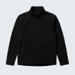 flat lay of a light gray softshell jacket on a clean white background. sleeves extended zippers visible minimal shadows top down view high clarity no logo. 4 768x960