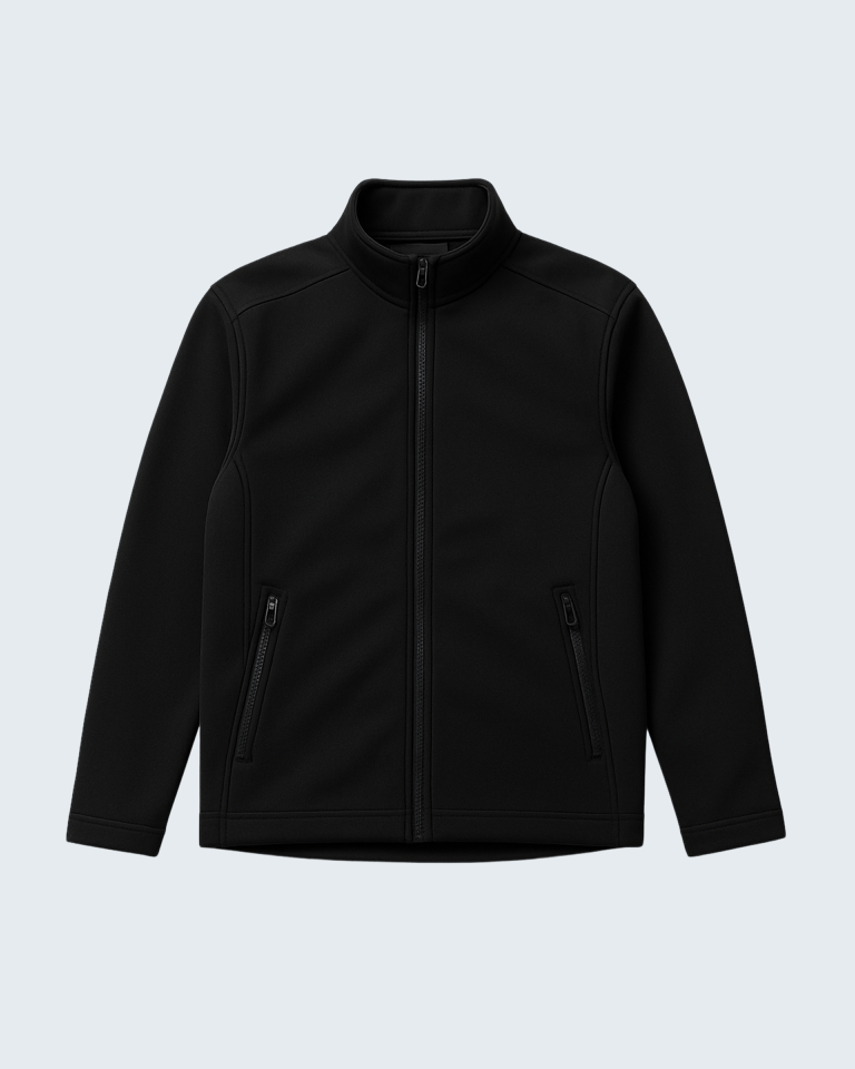flat lay of a light gray softshell jacket on a clean white background. sleeves extended zippers visible minimal shadows top down view high clarity no logo. 4 768x960
