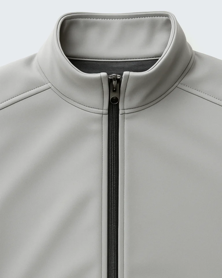 flat lay of a light gray softshell jacket on a clean white background. sleeves extended zippers visible minimal shadows top down view high clarity no logo. 6 768x960