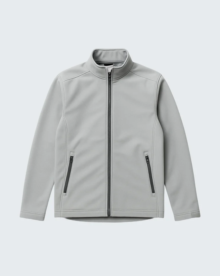 flat lay of a light gray softshell jacket on a clean white background. sleeves extended zippers visible minimal shadows top down view high clarity no logo. 7 768x960