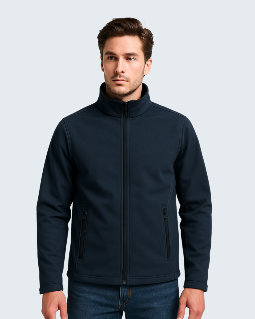 flat lay of a navy softshell jacket on a clean white background. sleeves extended zippers visible minimal shadows top down view high clarity no logo