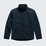 flat lay of a navy softshell jacket on a clean white background. sleeves extended zippers visible minimal shadows top down view high clarity no logo. 1