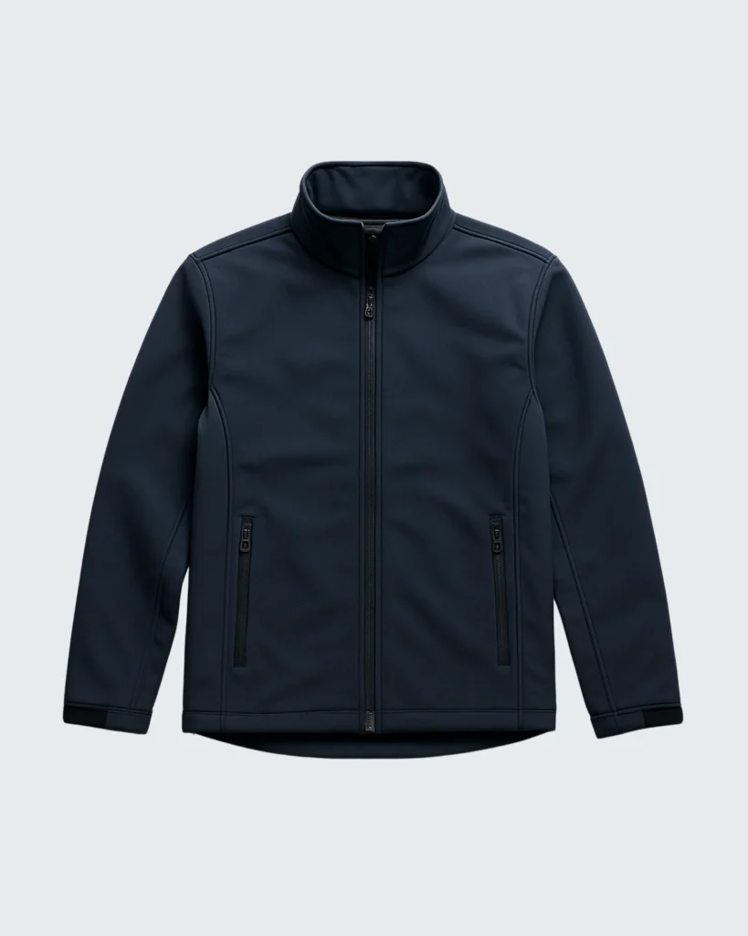flat lay of a navy softshell jacket on a clean white background. sleeves extended zippers visible minimal shadows top down view high clarity no logo. 1