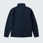 flat lay of navy softshell jacket back side up on clean white background. sleeves extended minimal shadows crisp lighting