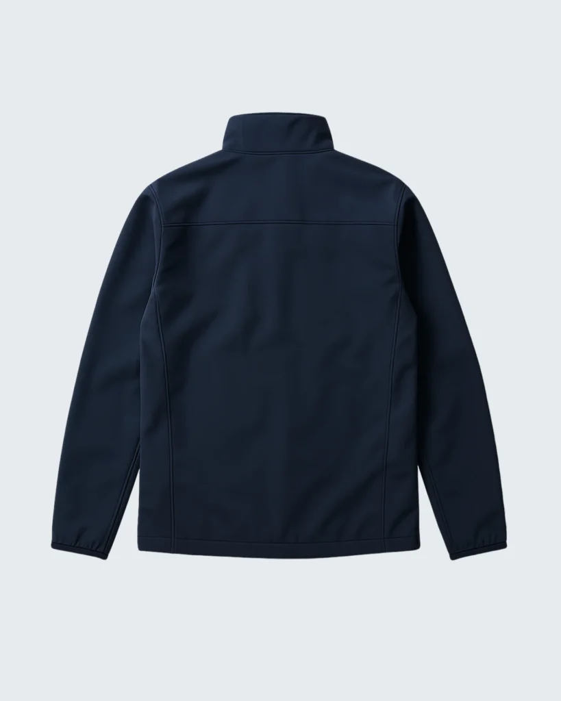 flat lay of navy softshell jacket back side up on clean white background. sleeves extended minimal shadows crisp lighting